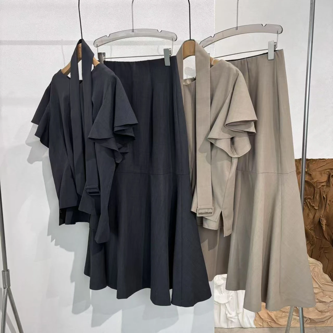 【特价】CTZ1256 日本客人订单 进口面料荷叶边褶皱衬衫半裙套装