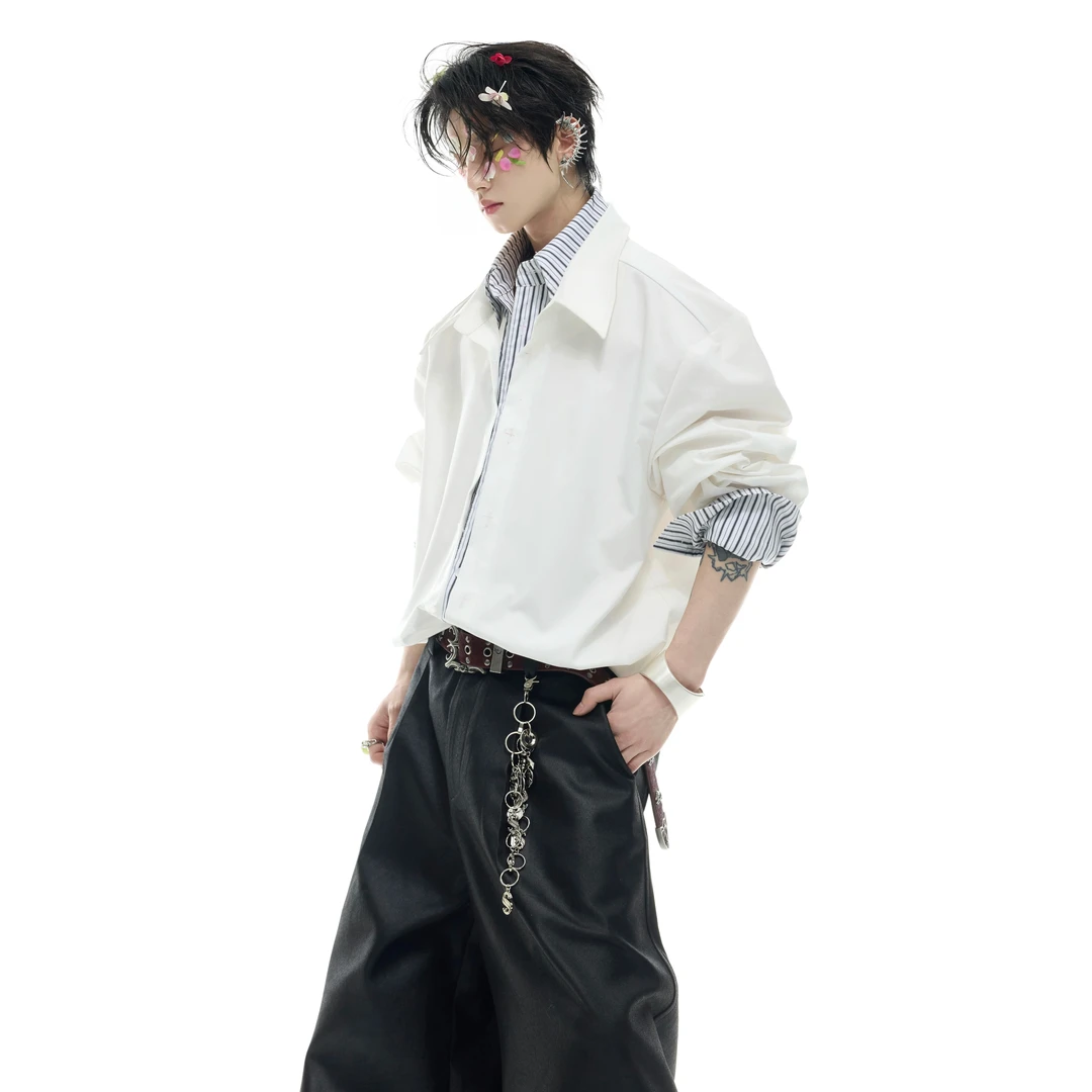 韩系小众条纹撞色衬衫假两件拼接设计感上衣百搭秋季