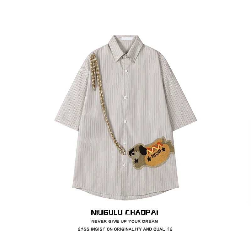NIUGULU.25SS潮牌时尚流行个性百搭趣味腊肠狗植绒条纹翻领衬衫