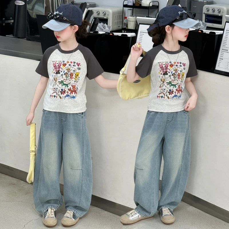 女童夏季短袖套装大童休闲修身半袖T恤薄款儿童牛仔弯刀阔腿裤子