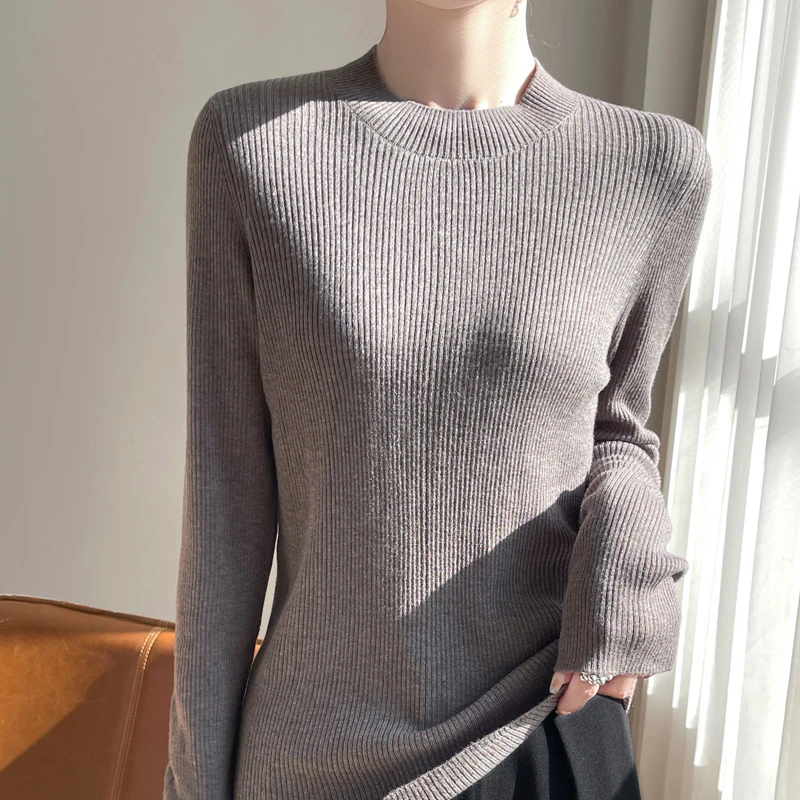 新款修身加厚时尚百搭显瘦针织衫小抽条秋季半高领上衣秋冬毛针织