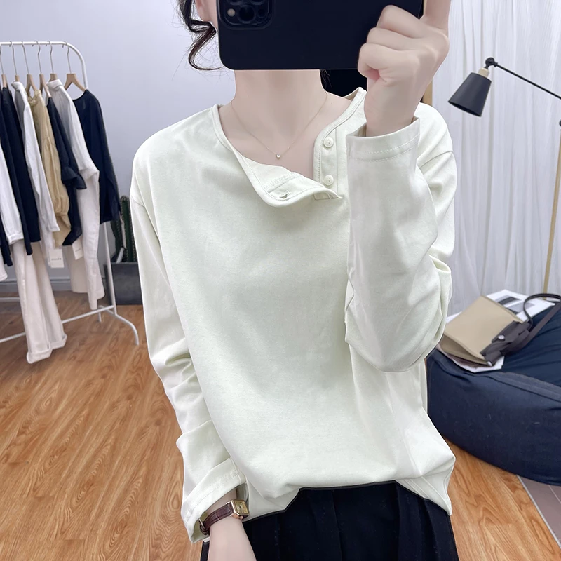 春季新款爽滑棉长袖T恤女宽松显瘦不规则简约时尚设计感上衣百搭