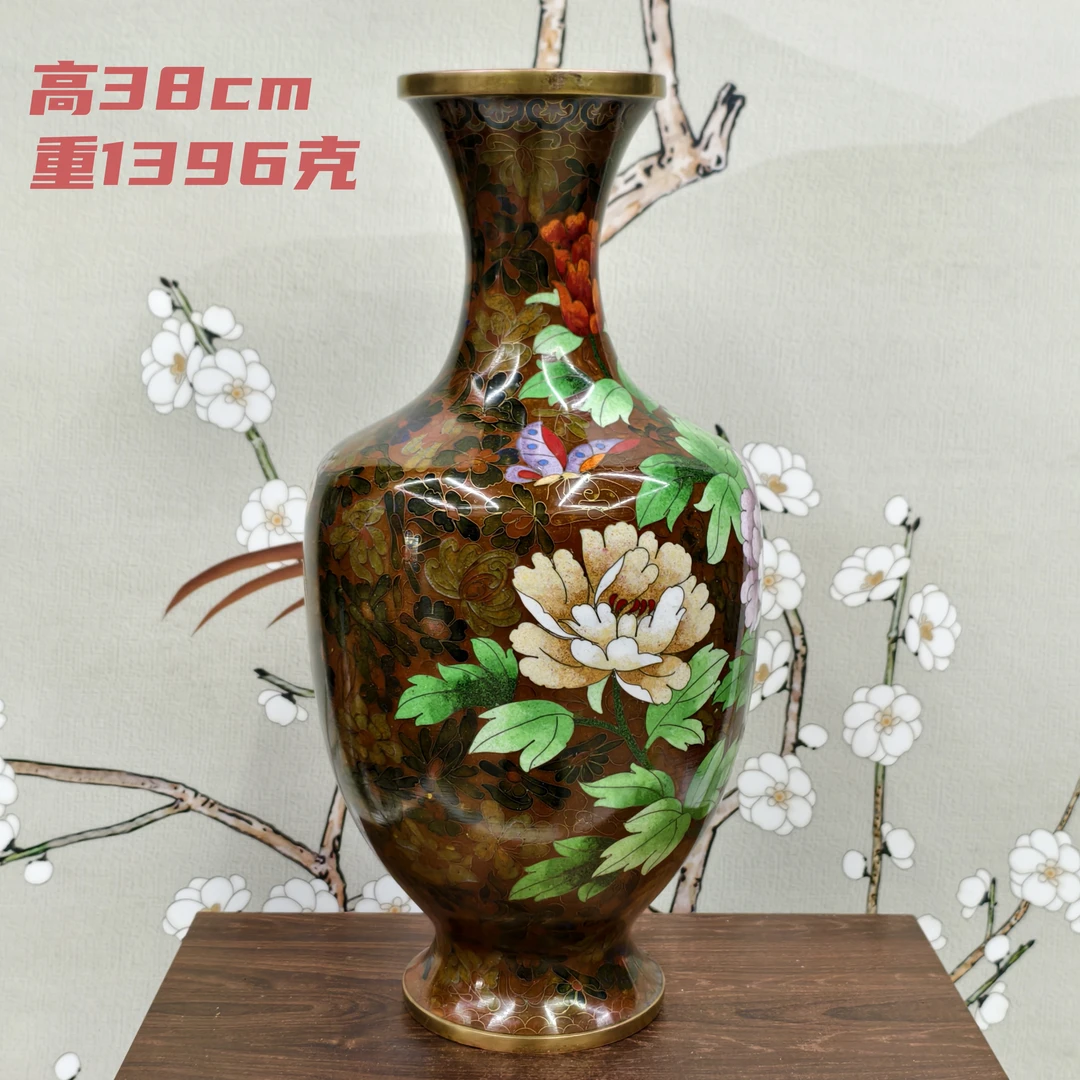 老货景泰蓝花瓶15英寸铜胎掐丝珐琅棕色富贵牡丹纹花瓶