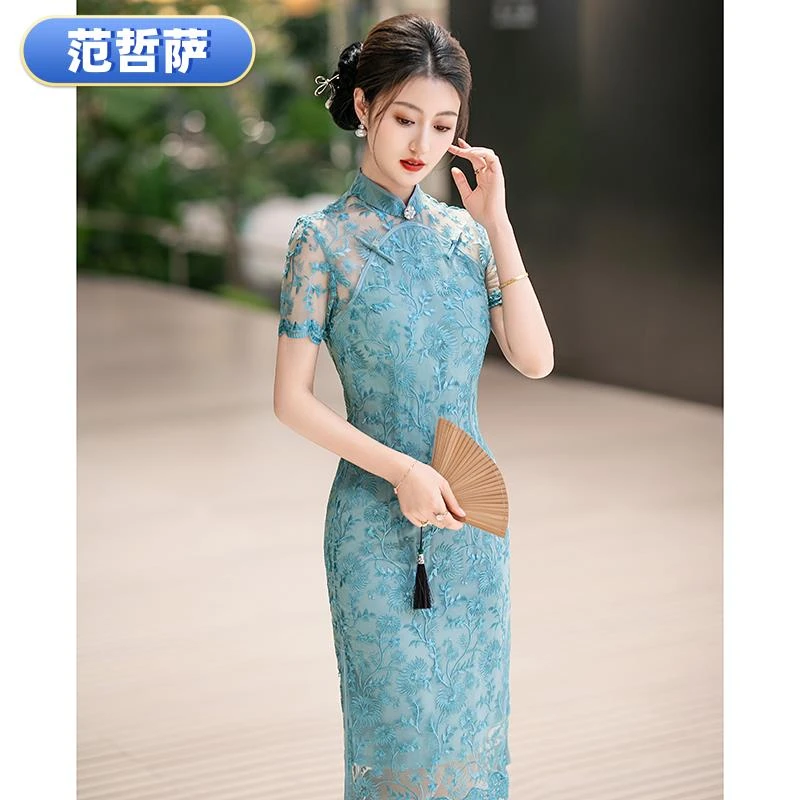 蓝色蕾丝性感旗袍裙2025夏季新款新中式改良绝美文艺减龄洋气高端