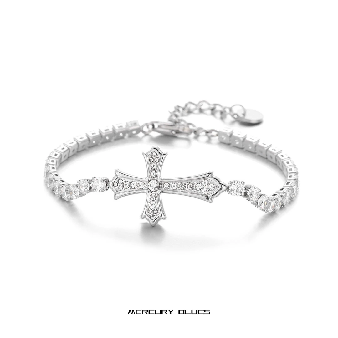 钛钢锆石手链 高级感满钻十字架锆石钛钢手链男女百搭不掉色首饰