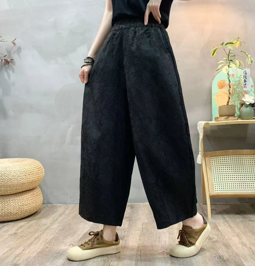 8343松紧腰提花休闲花苞裤女新款高腰显瘦宽松阔腿裤灯笼长裤子正