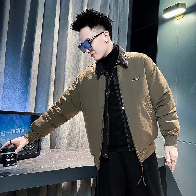 高端翻领棉袄上衣男士休闲加厚假两件棉服男冬季新款工装棉衣外套