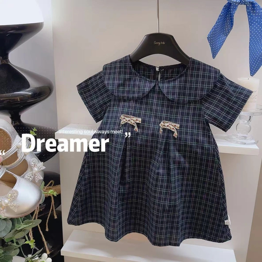 新款原版设计女童夏季格子娃娃领连衣裙2025新款洋气公主格子裙