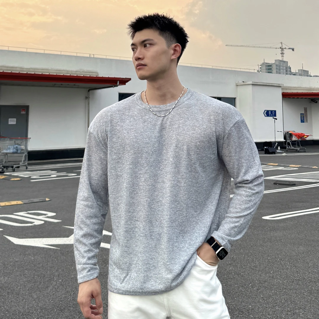 美式慵懒感长袖T恤男士秋季运动健身休闲宽松内搭打底衫上衣