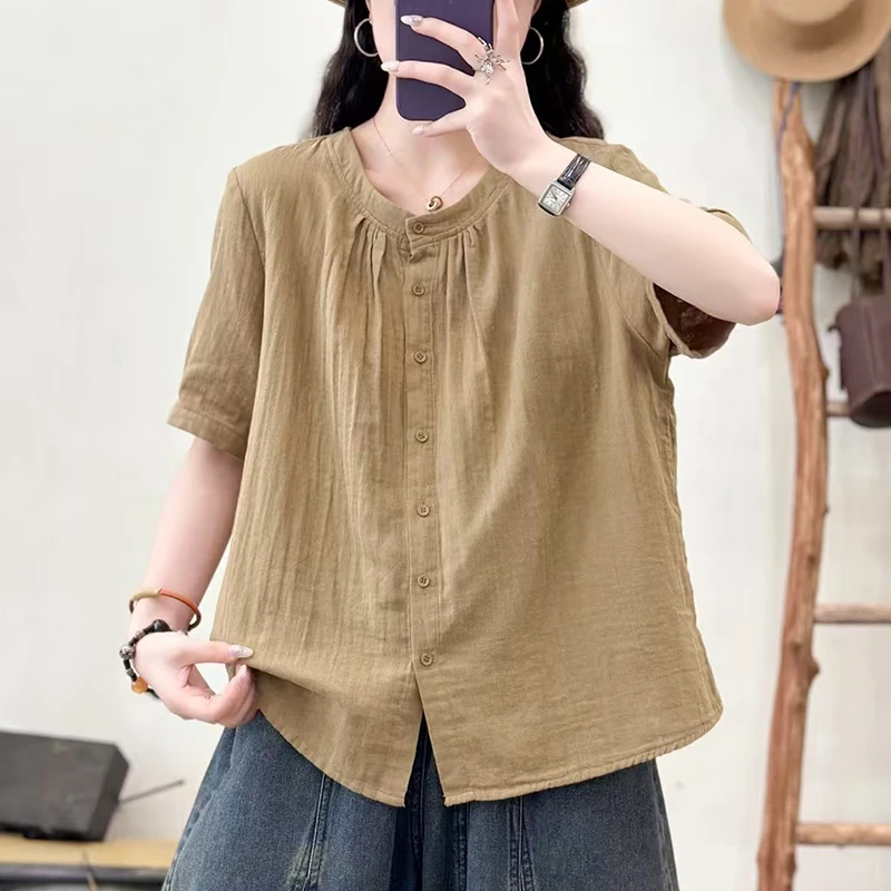 （复古文艺净版衬衫）2502法式圆领宽松显瘦通勤百搭压褶衬衫H