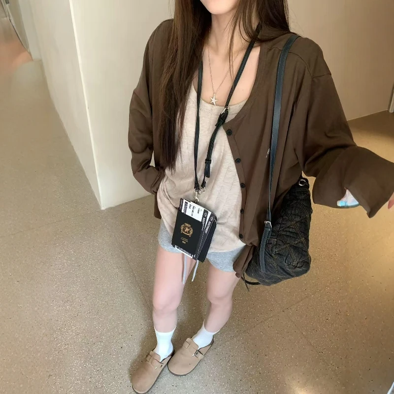 慵懒风复古咖色宽松百搭防晒开衫外套女春秋季内搭背心两件套ins