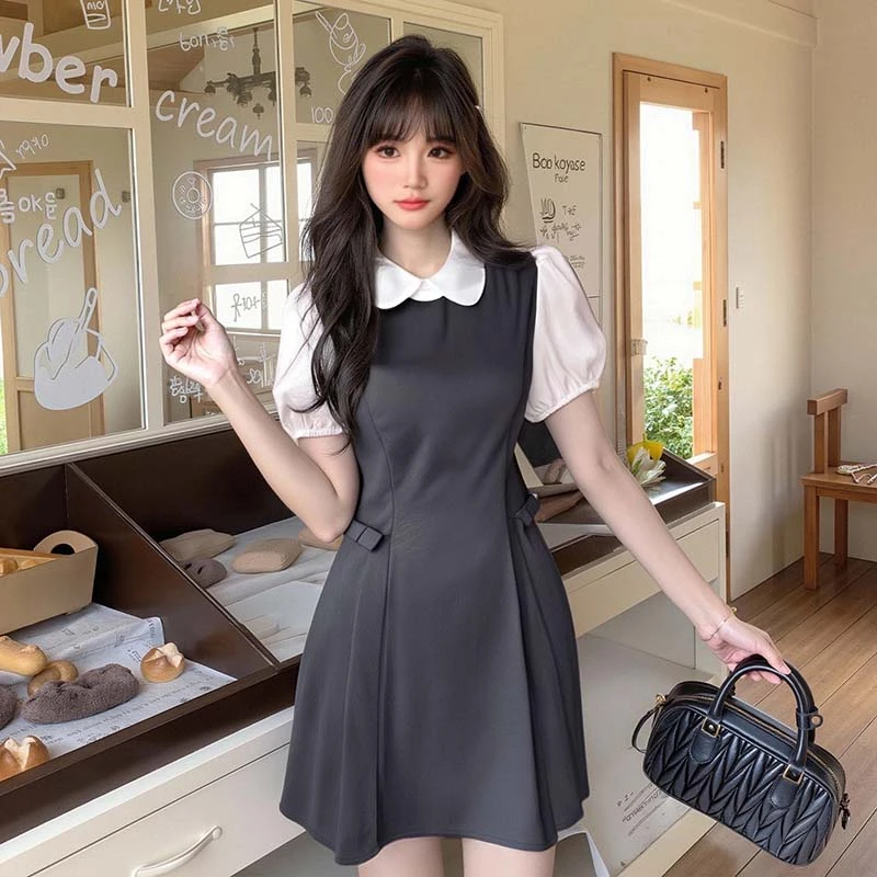 小个子假两件减龄2025新款超火学院风灰色衬衫拼接连衣裙子D2045