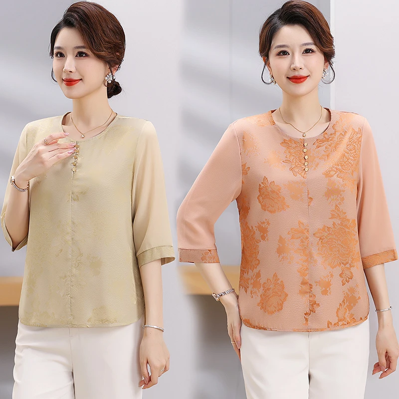 【套装】妈妈夏装新中式新款中老年女国风七分袖雪纺衫气质两件套