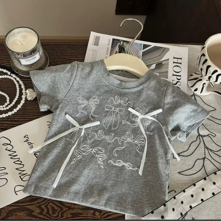 2025夏季新款儿童潮流蕾丝蝴蝶结短袖韩版夏款儿童洋气时尚网红T