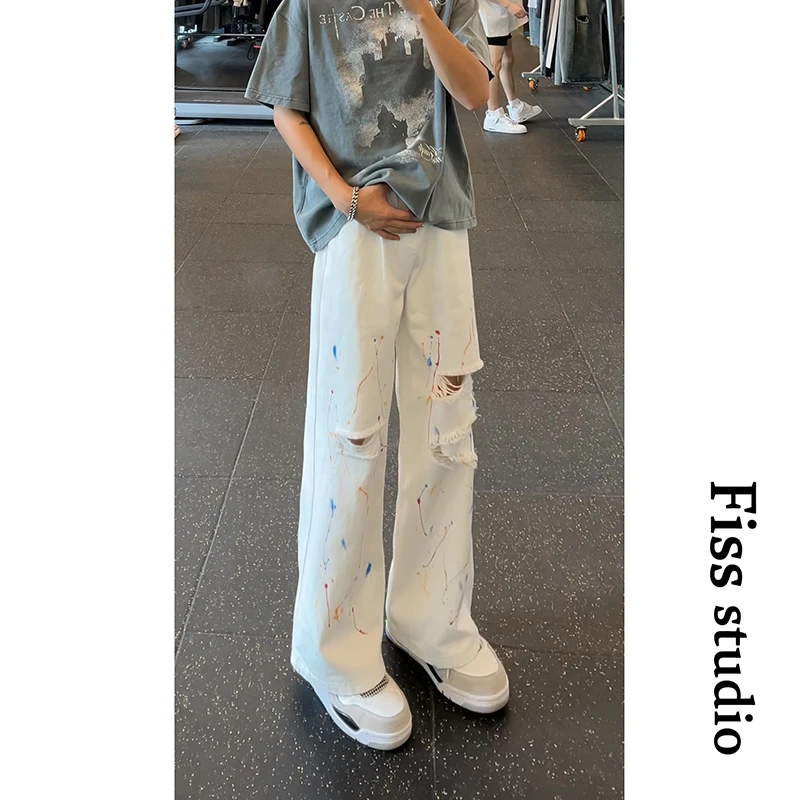 美式vibe泼墨牛仔裤男夏季高街复古宽松阔腿长裤潮牌涂鸦直筒裤子
