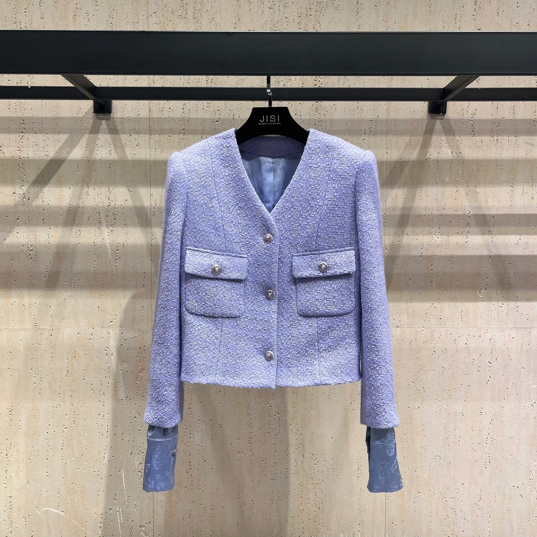 JISI 24A薰衣草紫V领软花呢短外套