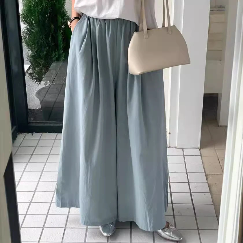 黄峥棉麻松紧腰阔腿裤女韩版慵懒风高腰百搭宽松显瘦休闲裙裤新款