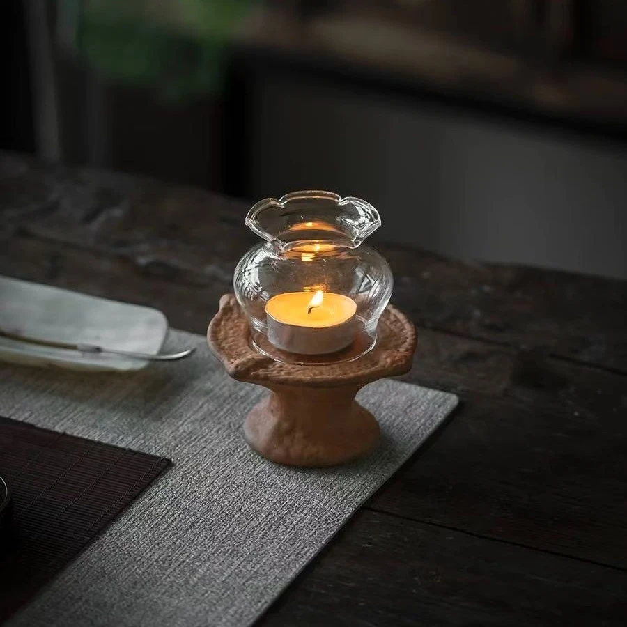 慕兮予物老岩泥玻璃罩烛台复古茶室氛围感摆件蜡烛粗陶香熏小夜灯