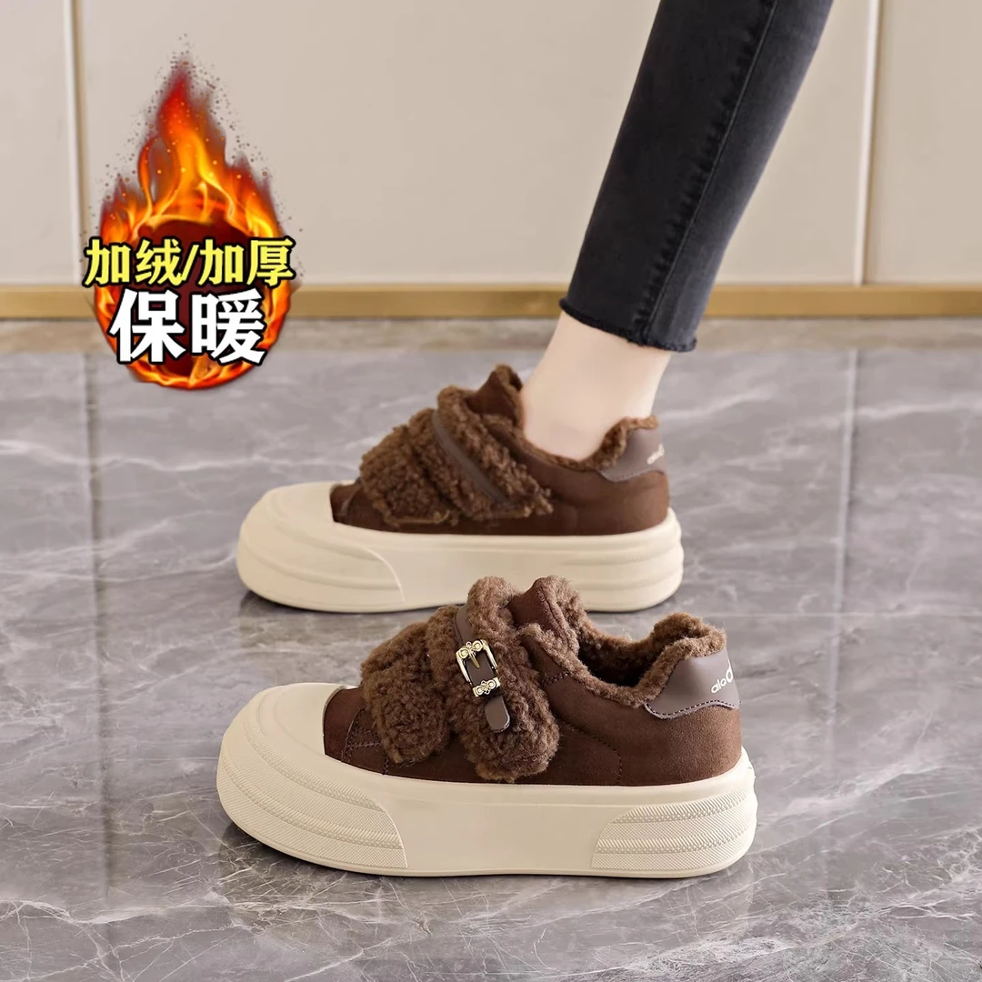 厚底毛毛棉鞋女冬季2025新款加绒保暖魔术贴休闲百搭面包雪地靴
