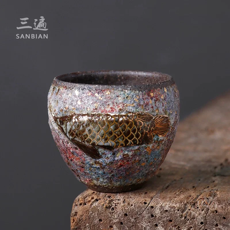 高越手作柴烧金龙鱼主人杯岩矿茶杯老岩泥功夫茶具品茗杯a1016