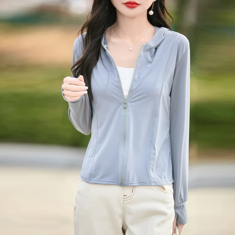 春夏新款防紫外线女士修身原纱冰丝防晒衣外套女款长袖户外连帽