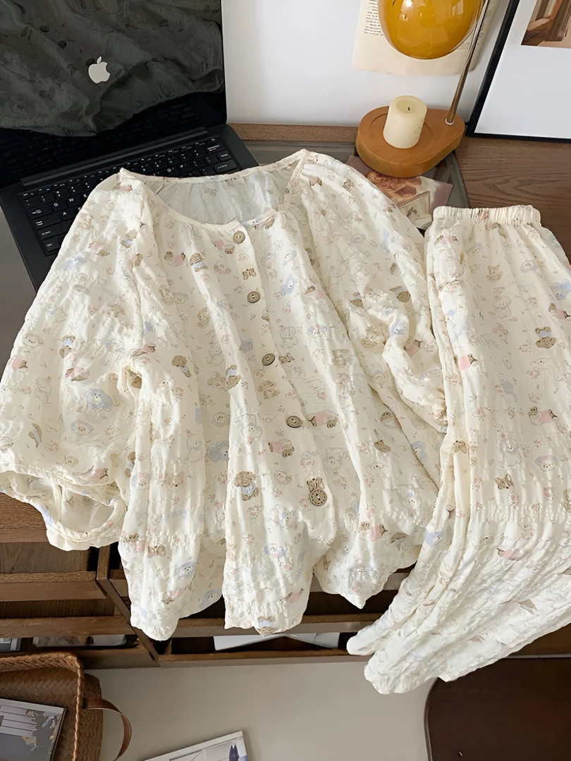 日系可爱萌狗睡衣女2025新款夏季云朵棉五分袖长裤圆领开衫家居服