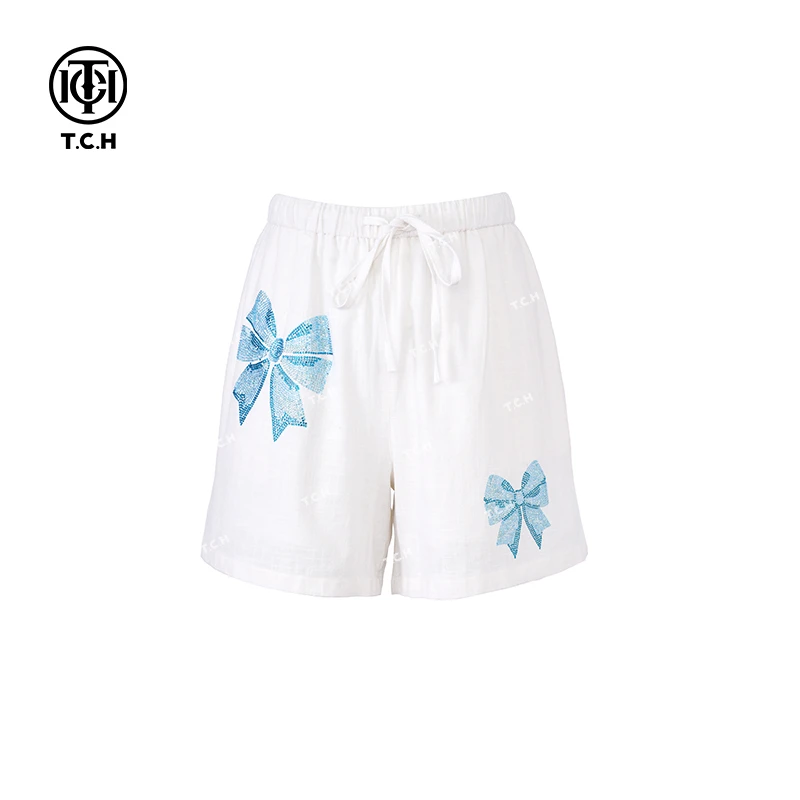 下架-TCH潮牌25春夏新款蓝色蝴蝶结洋气烫钻休闲短裤T75A21E5001