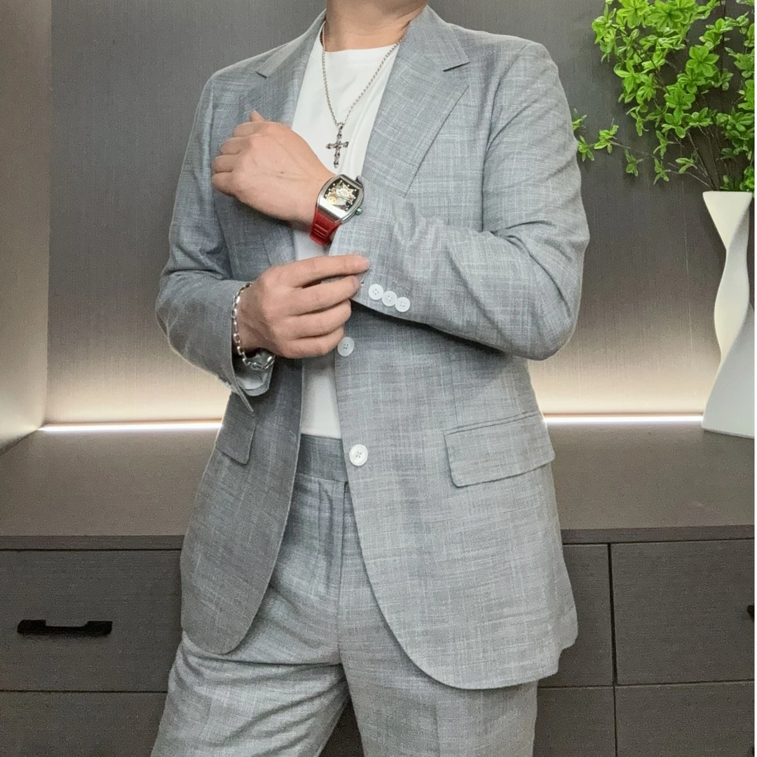 春夏季灰色麻料上衣男士半马衬无里透气高定手工西装休闲西装男