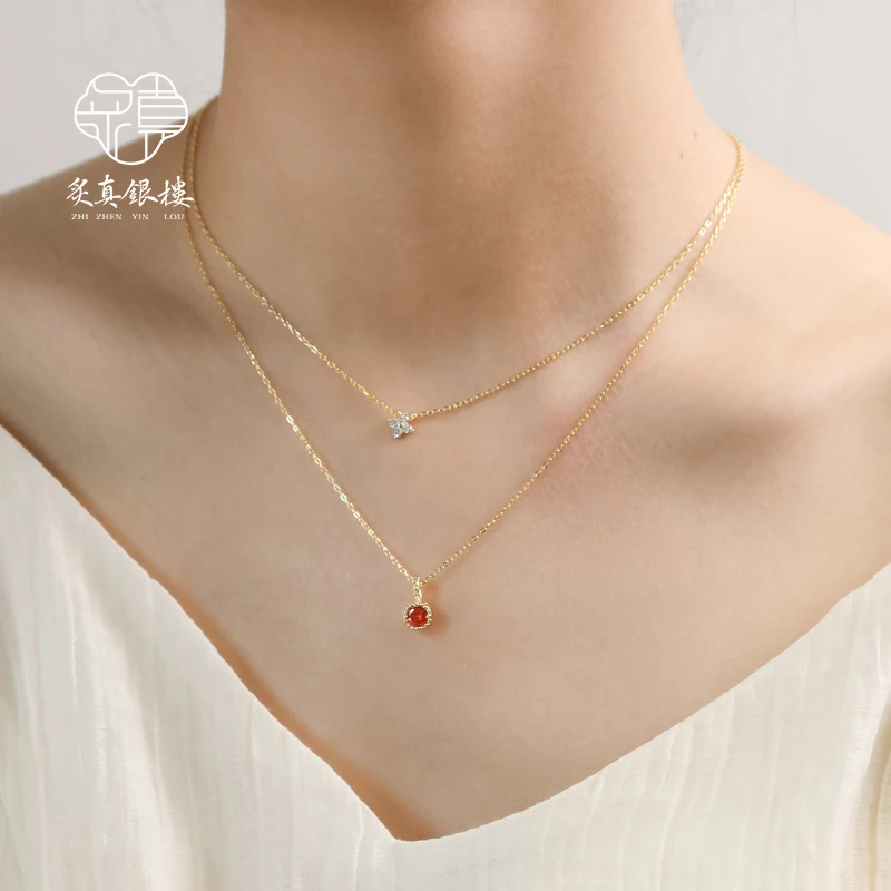 坠链均925银 迷你圆钻项链女纯银镀K金新年红显白高级轻奢锁骨链