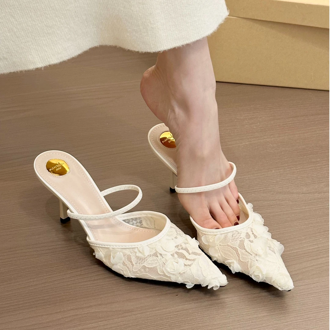 小众法式粉色花朵包头半拖鞋仙女鞋子外穿2025春夏季气质高跟单鞋