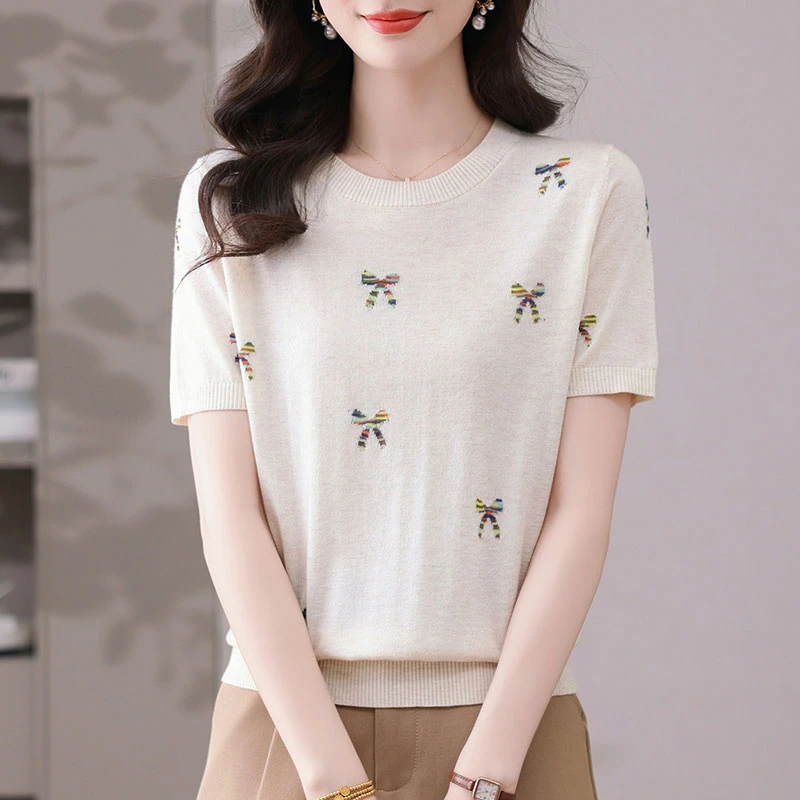 2025夏季新款圆领短袖T恤女洋气提花时尚百搭宽松显瘦薄款针织衫