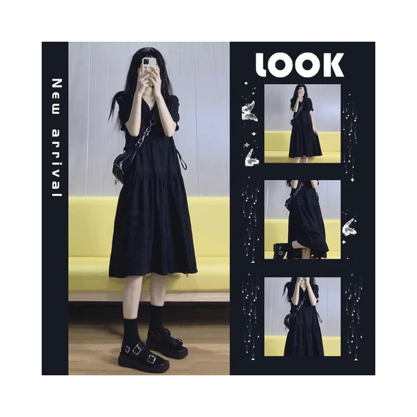 现货#孕妇夏装连衣裙2025新款法式宽松V领设计感黑色赫本风A字…