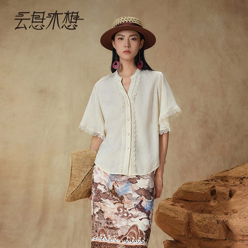 Ysimo-X云思木想 软杏浮花 提花V领荷叶袖莱赛尔舒适衬衫13565