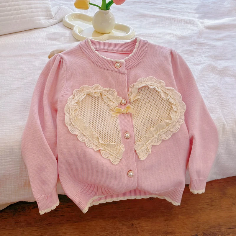儿童春秋装女童宝宝爱心花朵毛衣开衫儿童针织衫洋气百搭童装春秋