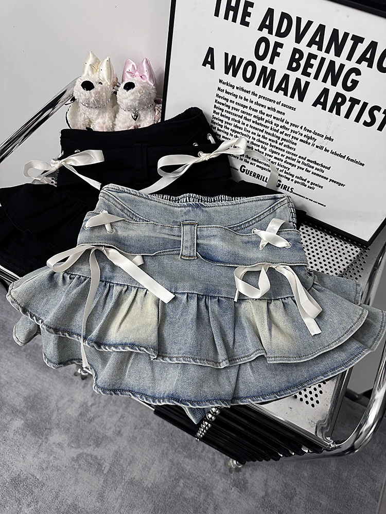 半身裙女夏季新款美式辣妹蝴蝶结绑带设计纯欲风显瘦牛仔短裙韩版