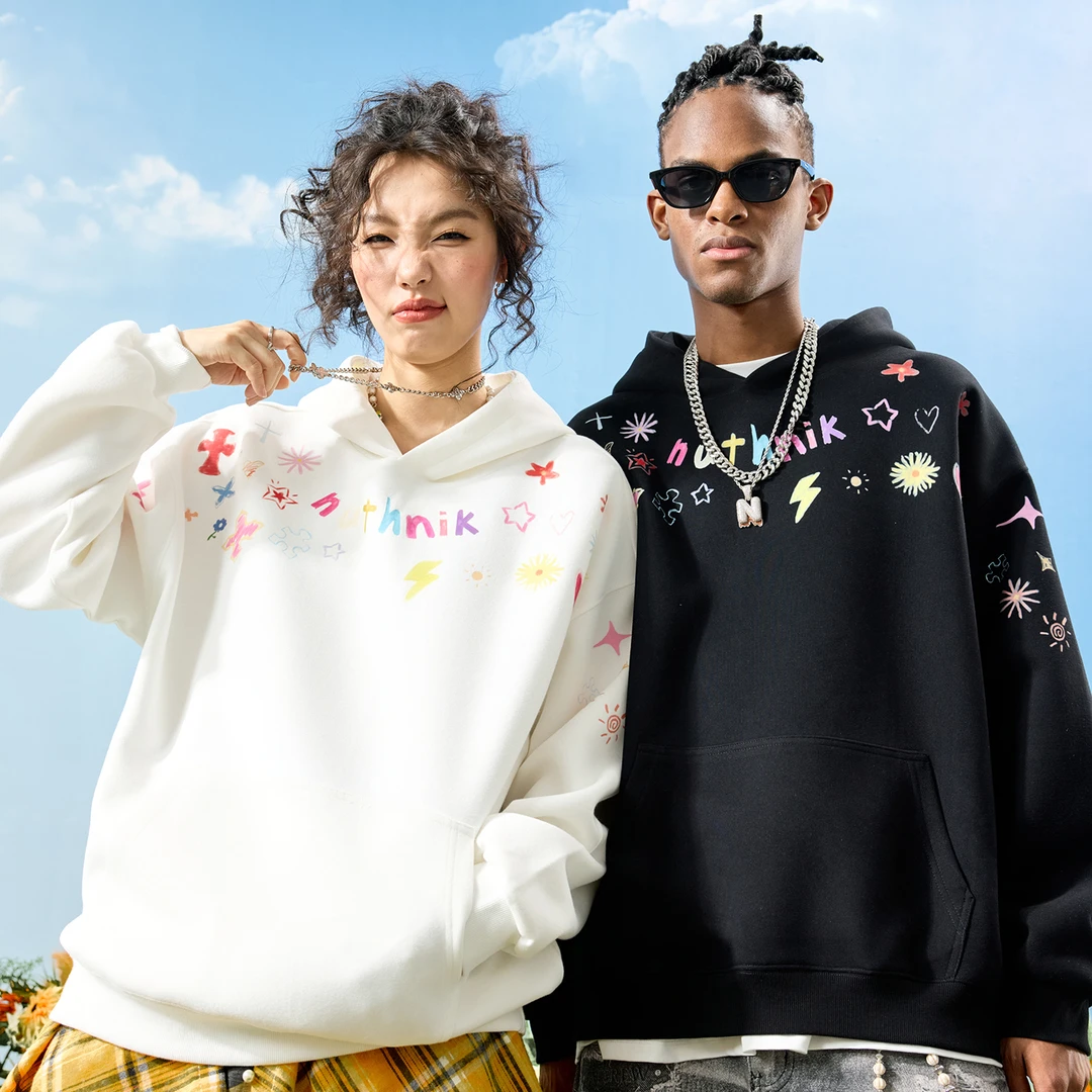 Nuthink美式复古多巴胺卡通涂鸦字母连帽卫衣潮牌男女2025秋新款