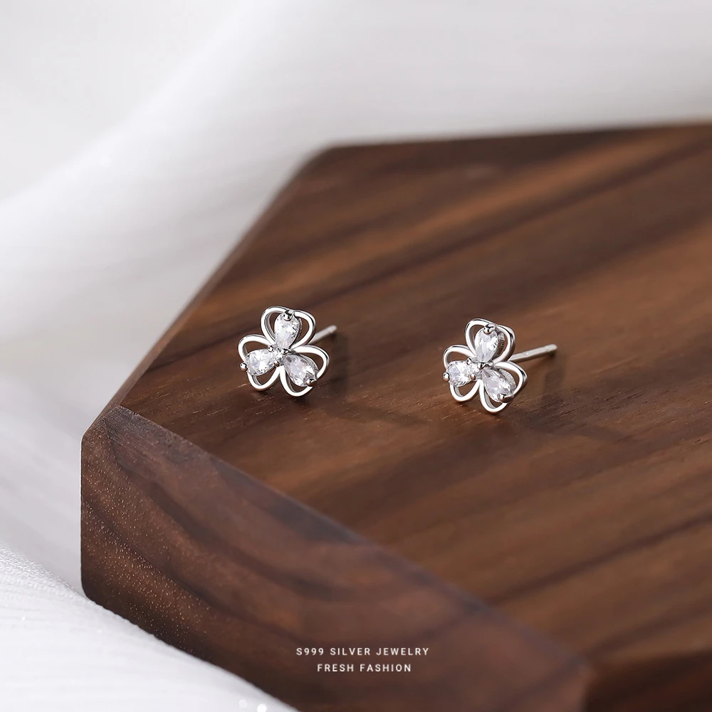 足银耳饰s999足银闪亮锆石三叶草耳钉女轻奢设计感韩系气质轻奢耳
