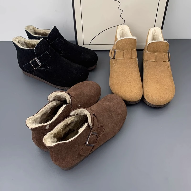 真皮全包高帮勃肯鞋平底舒适短靴女款冬季雪地靴加绒保暖防滑棉鞋