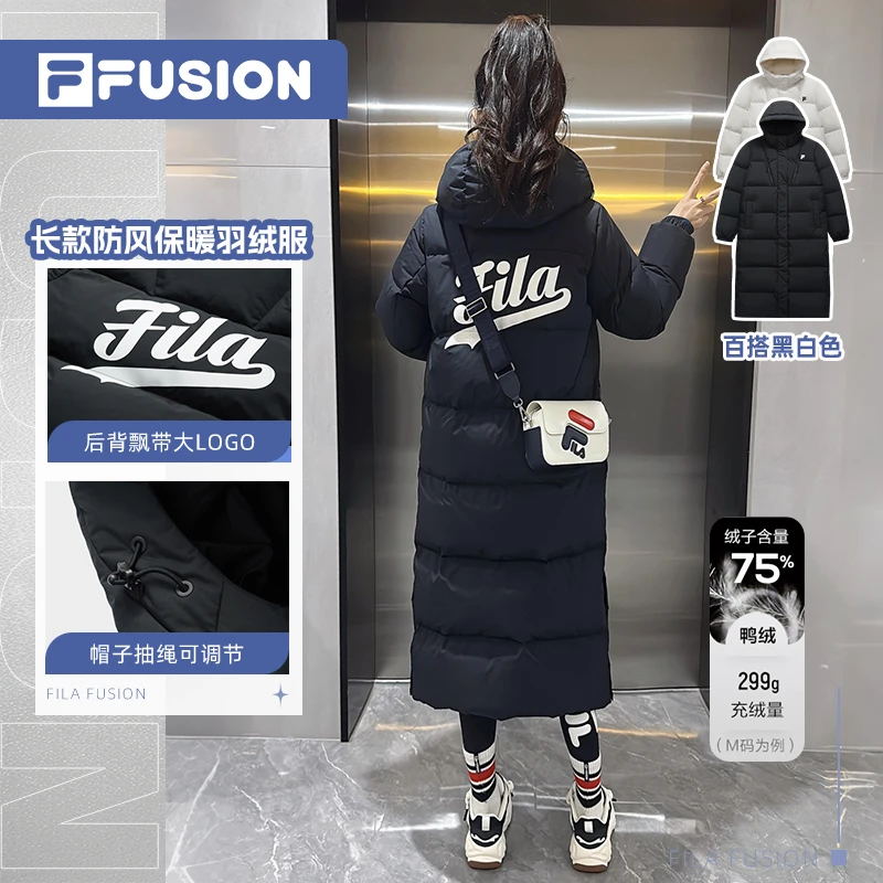 Fila/斐乐潮流长款女款冬季保暖羽绒服宽松外套休闲连帽鸭绒服