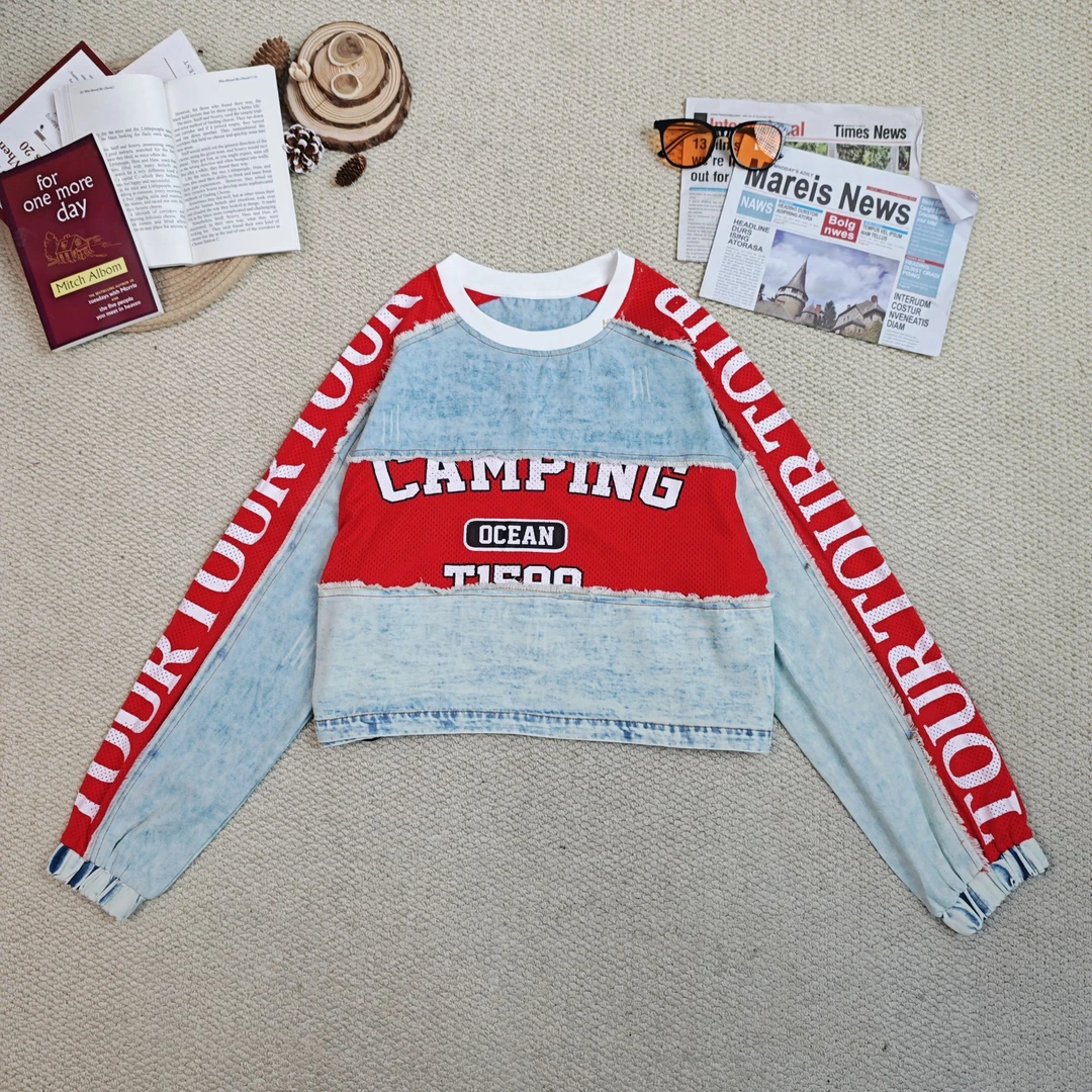 2025春季新款百搭字母印花拼牛仔卫衣0040