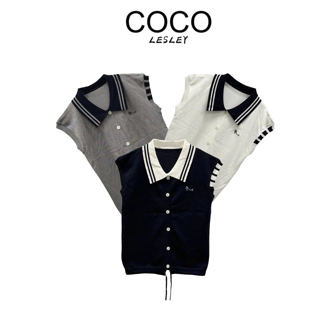 【COCO LESLEY】休闲风无袖夏季纯色翻领毛针织衫 130灰+黑+白