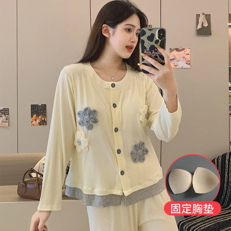 秋冬新款莫代尔长袖套装休闲大码家居服甜美长裤睡衣开衫春秋季