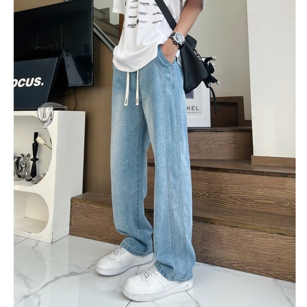 设计感美式蓝色牛仔裤男裤男生男款宽松休闲直筒裤长裤高街风百搭