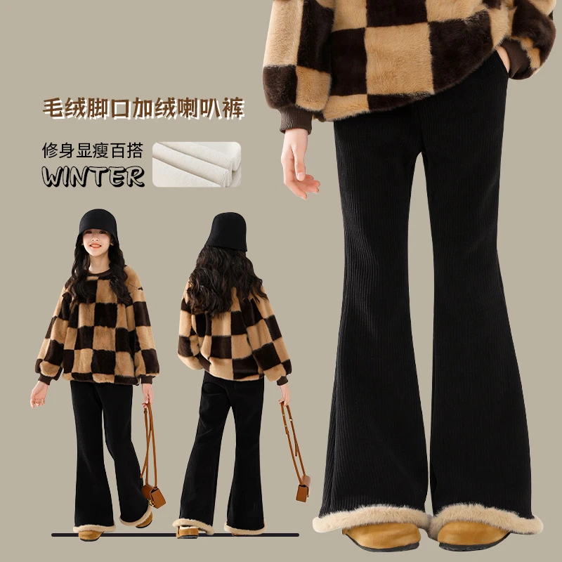 女童喇叭裤冬季加绒裤子中大童灯芯绒长裤加厚微喇棉裤儿童阔腿裤