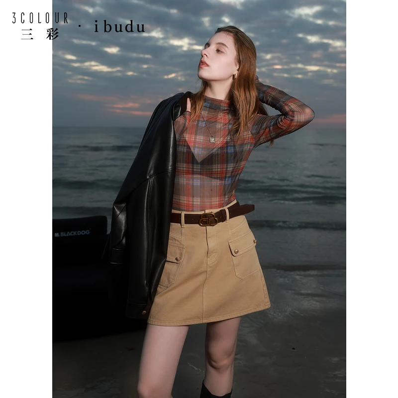 三彩ibudu2025春季新款格纹印花网纱T恤半高领内搭皮肤衣修身女