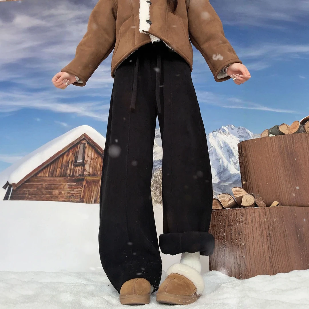 春秋潮流雪尼尔弯刀裤女宽松2025新款美式高腰加绒阔腿休闲卫裤