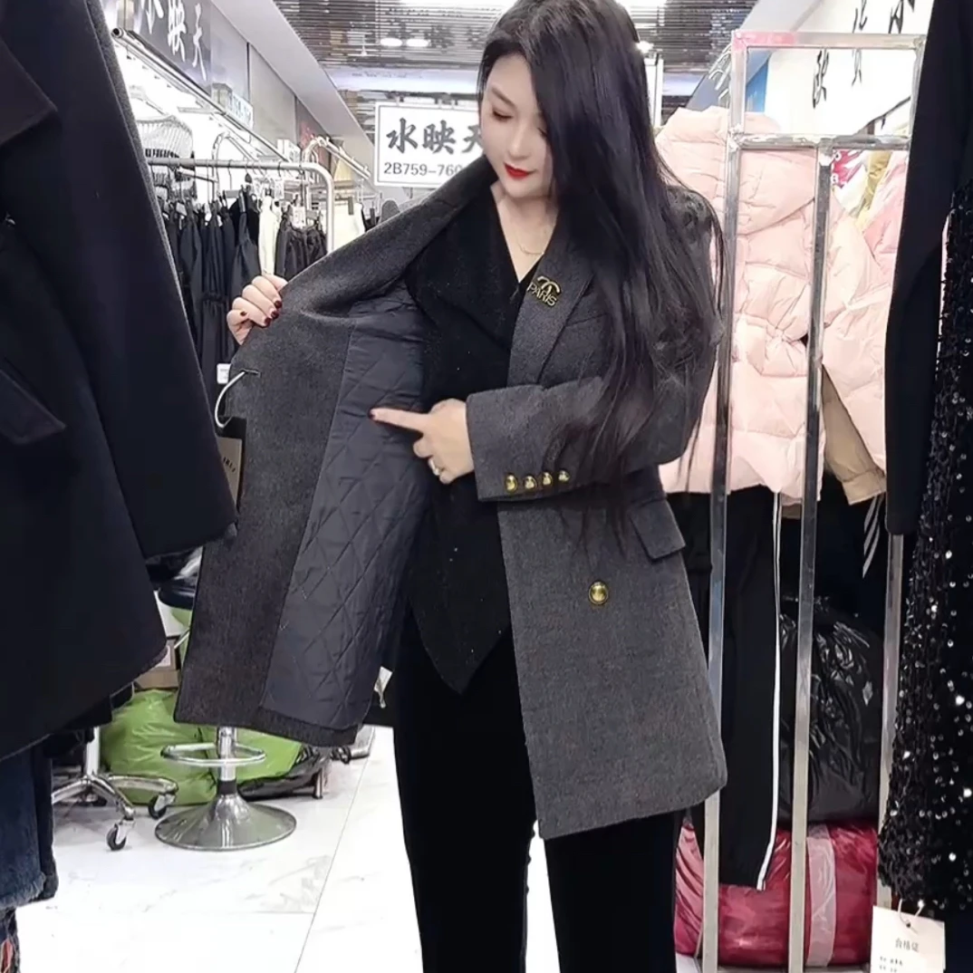 加棉毛尼西装外套女新款冬季加厚双排扣气质显瘦减龄呢子外套潮