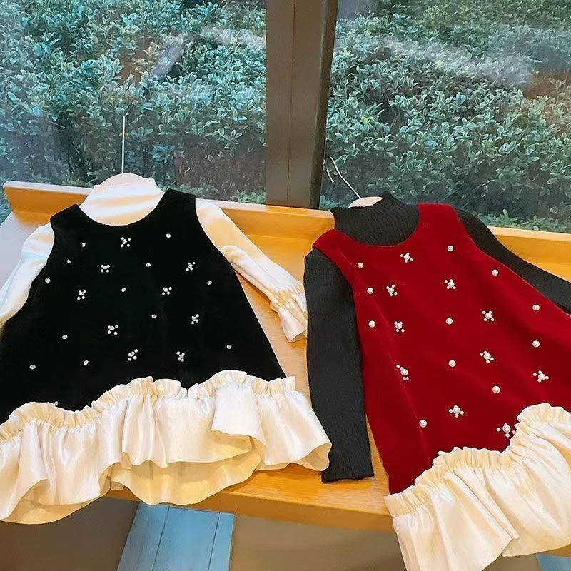 新年款女童装丝绒秋冬连衣裙春秋过年儿童裙子套头新款背心裙套装