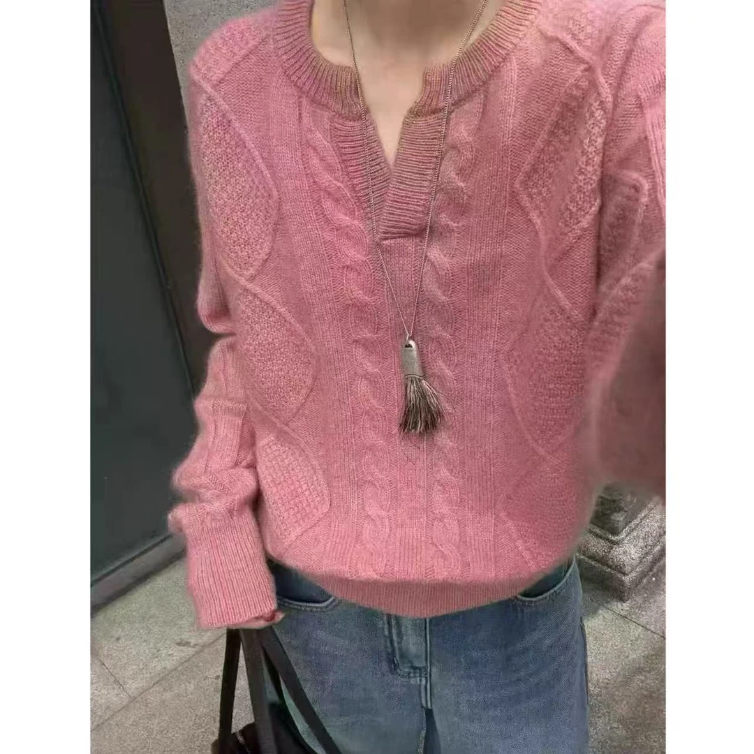 【珊瑚海】剪刀领麻花菱形冬季可内搭气质针织套头毛衣2563