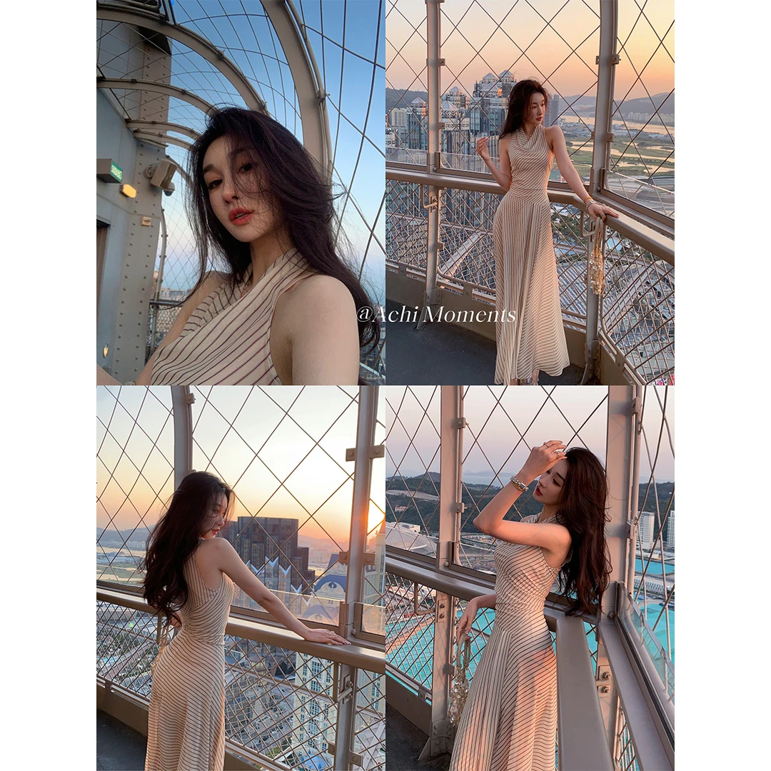 ACHI大也池◆踏云蔷薇连衣裙~乔其纱碎花挂脖连衣裙